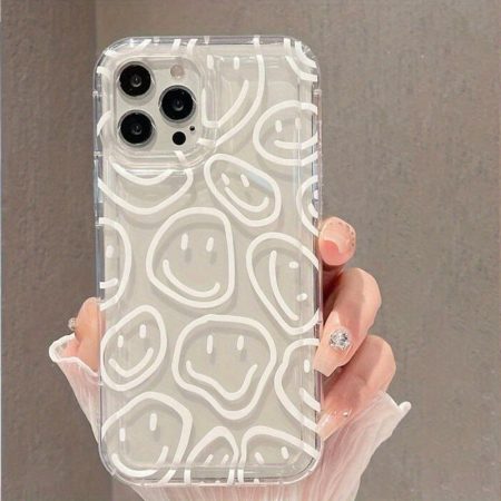 Transparent Phone Case with a White Happy Face Design, Soft Protective Cover Suitable for Iphone 16 Pro Max, 15, 14, 13, 12, 11, X, XR, XS, XS Max, Pro Max, Plus Series. A Full-Cover Soft Shell, Perfect As a Gift for Birthdays, Easter, Or for a Boyfriend/