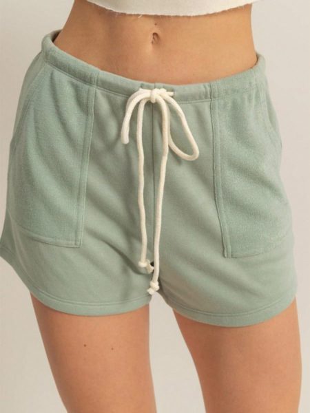 Womens Casual Lounge Athletic Comfy Drawstring Front Pocket Running Shorts Sage Green Relaxed Fit Mini Length Elastic Waist Soft Brushed Fabric Summer Beach Holiday Weekend Wear