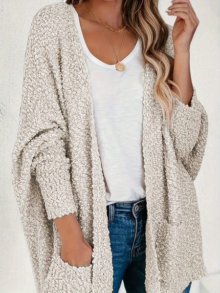 Extra Large Casual Long Sleeve Cardigan Sweater with Pockets - Soft, Chunky Knit, Solid Color, Regular Fit, Open Front, No Belt, Non-Waterproof, Polyester, for Women - Perfect for Fall/Winter/Spring
