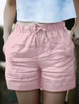 Women's high-waisted casual shorts, linen texture with drawstring waistband, spring/summer shorts
