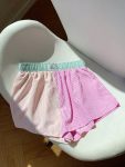 Women's Elegant Three-Tone Striped Contrast Color Block Shorts - Pastel Pink, Mint Green & Lavender with Vertical Stripes, Non-Stretch Machine-Washable Fabric for Casual & Semi-Formal Wear, Cute Shorts, Seasonal Fashion, Elastic Waistband