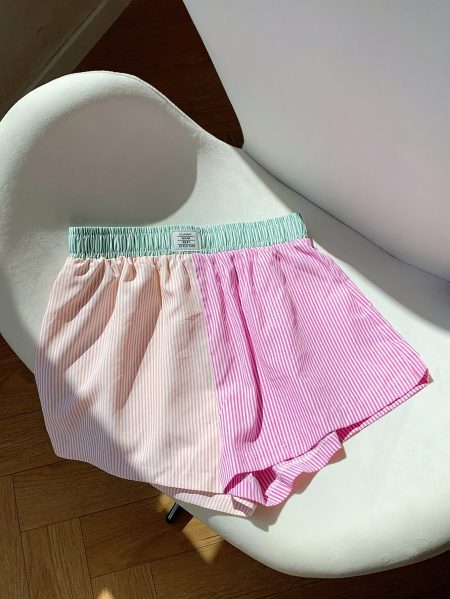 Women's Elegant Three-Tone Striped Contrast Color Block Shorts - Pastel Pink, Mint Green & Lavender with Vertical Stripes, Non-Stretch Machine-Washable Fabric for Casual & Semi-Formal Wear, Cute Shorts, Seasonal Fashion, Elastic Waistband