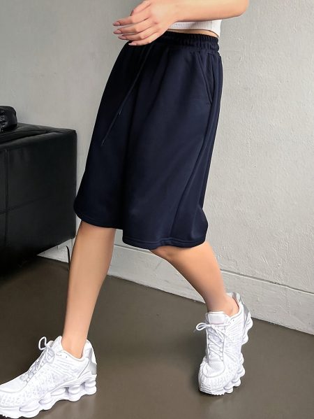 Women'S Navy Blue Drawstring Shorts - Casual, Loose Fit, Stretchy Fabric, Ideal for Spring/Summer/Fall, Everyday Comfort, Casual Wear|Loose Fit Shorts|Stretchy Material