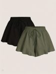 Elegant Women's Wide-Leg Shorts | French Ruffle Hem | Polyester & Elastane Blend | Non-Stretch, Solid Color | Black & Navy Blue | Drawstring Waistband | Spring/Summer Collection | Comfortable & Stylish Casual Wear, Casual Summer Wear | Pleated Design | Dr