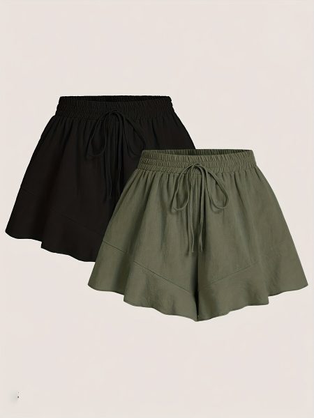 Elegant Women's Wide-Leg Shorts | French Ruffle Hem | Polyester & Elastane Blend | Non-Stretch, Solid Color | Black & Navy Blue | Drawstring Waistband | Spring/Summer Collection | Comfortable & Stylish Casual Wear, Casual Summer Wear | Pleated Design | Dr