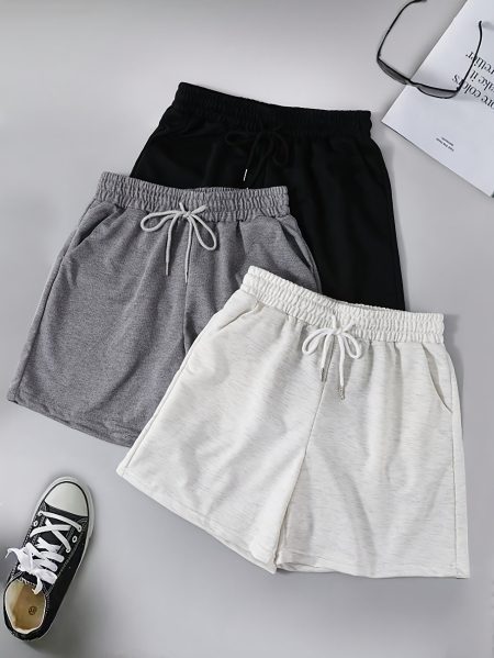 3pcs Solid Color Casual Shorts, Drawstring Elastic Waist Running Fitness Shorts, Women'S Activewear Drawstring Shorts Women Boxer Shorts Jogger Shorts