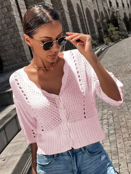 Women's Elegant V-Neck Cardigan - Semi-Sheer Open Front with Button Accents, Lace Cut-Out Details & Lightweight Loose Fit for Spring Summer Fall, Casual Commute to Evening Out, Fall Layering Piece, Feminine Style, Breathable Fabric, Stylish Coverup, Casua