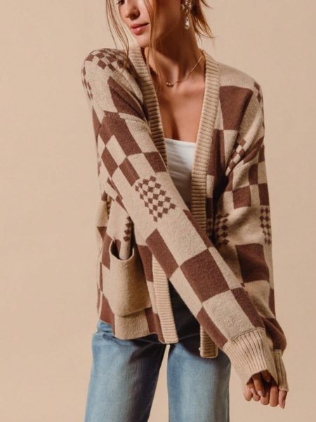 Womens Casual Cardigan Retro Checker Pattern Oversized Open Front Knit Sweater Geometric Design Brown Beige Block Print Long Sleeve Fall Winter Cozy Slouchy Outerwear Layer Daily Wear