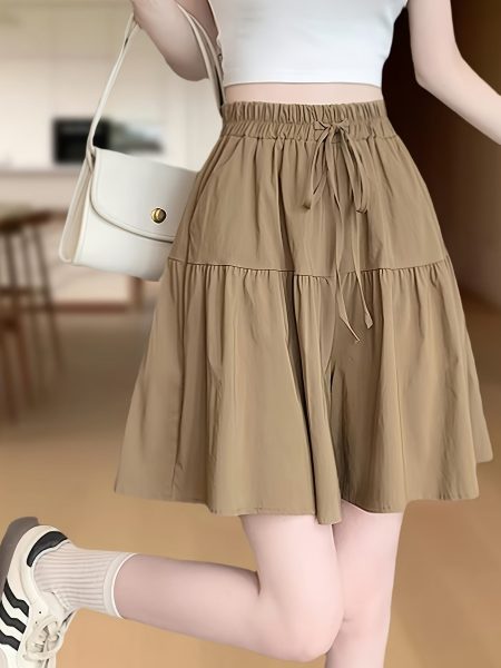 Women'S High-Waist Casual Shorts with Tie-Waist Design - Wide Leg, Elastic Waistband, Beige, Perfect for Spring/Summer/Fall