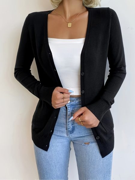 Women'S Elegant White V-Neck Long Sleeve Cardigan with Pockets - Button-Up Front, Ribbed Texture, Perfect for Casual or Chic Outfits, Casual Chic Wear | Vneck Cardigan | Ribbed Texture Cardigan